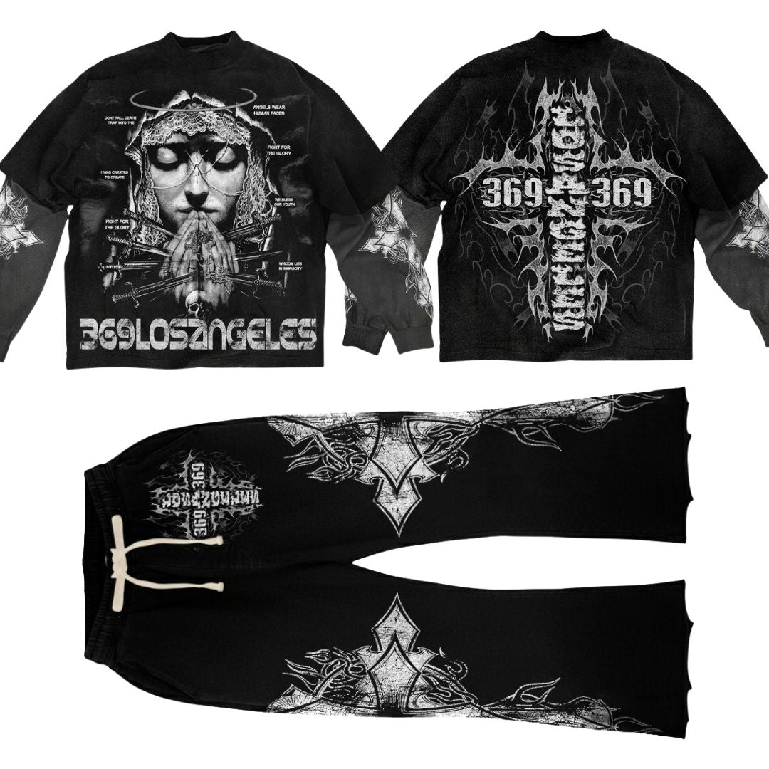 Human Angels Double-Layer Long-Sleeve T-Shirt & Flare Sweatpants Full Set