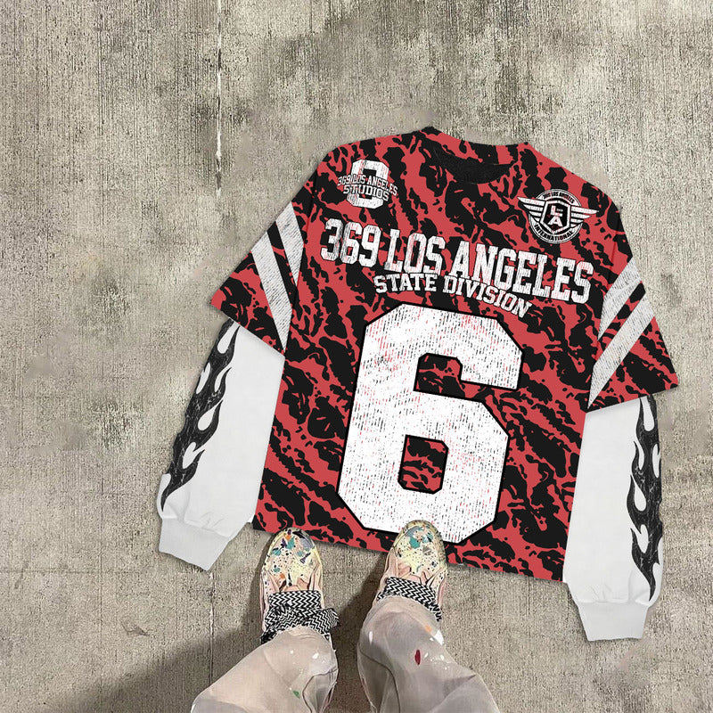 Red Tiger Double-Layer Long-Sleeve T-Shirt & Stripe Fleece Sweatpants Full Set