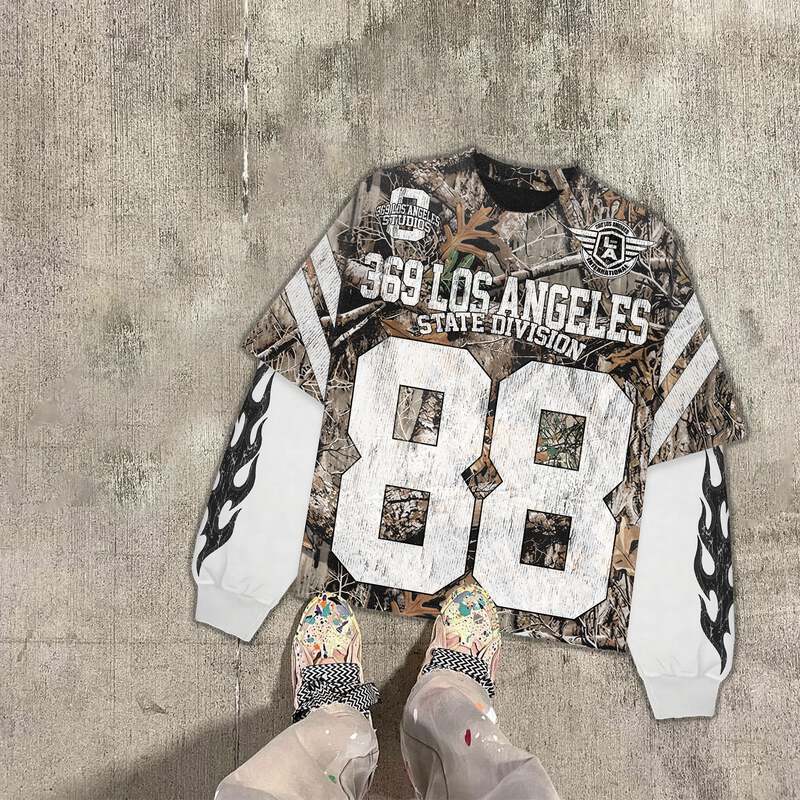 Woodland Camo Double-Layer Long-Sleeve T-Shirt & Stripe Fleece Sweatpants Full Set