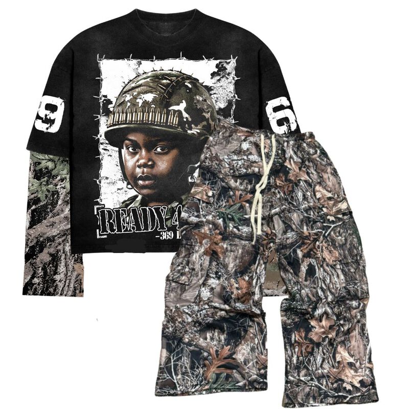 Ready 4 War Long Sleeve T-Shirt & Woodland Camo Cargo Pants Full Set