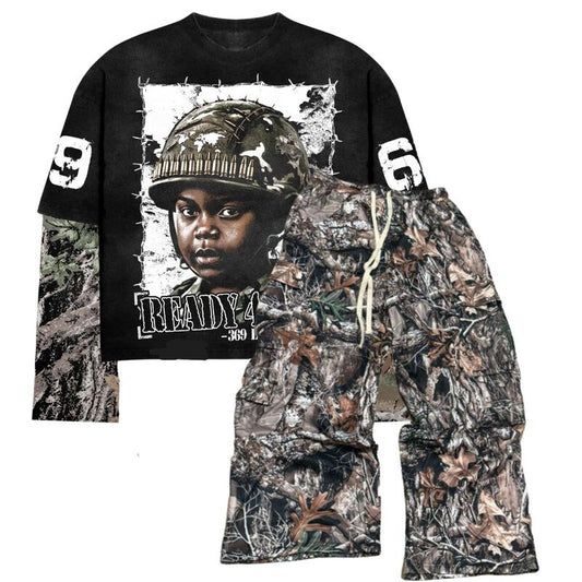 Ready 4 War Long Sleeve T-Shirt & Woodland Camo Cargo Pants Full Set